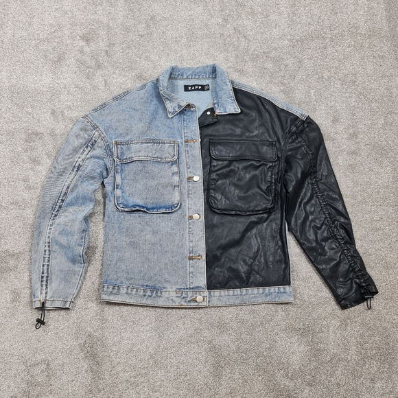 Zapp Jackets & Blazers - Zapp Oversized UK 6 Colour block Denim Jacket Blue & Black Pleather